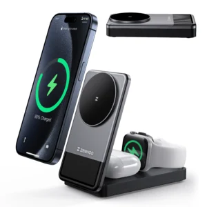 ZEEHOO 3-In-1 Portable Charging Station, 15W Fast Wireless Charger Stand, Foldable Multiple Wireless Charger For IPhone 15/14/13